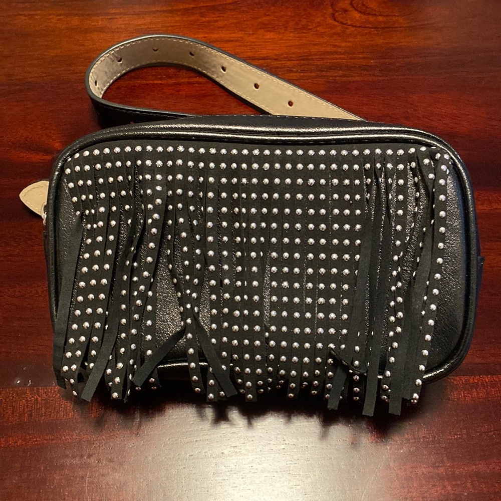 Grayish, black sparkly fringe belt bag